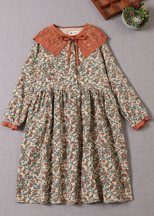 Beiges Baumwollkleid mit Rüschendruck für Damen, langärmlig