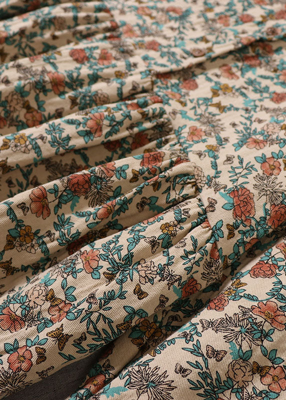 Beiges Baumwollkleid mit Rüschendruck für Damen, langärmlig