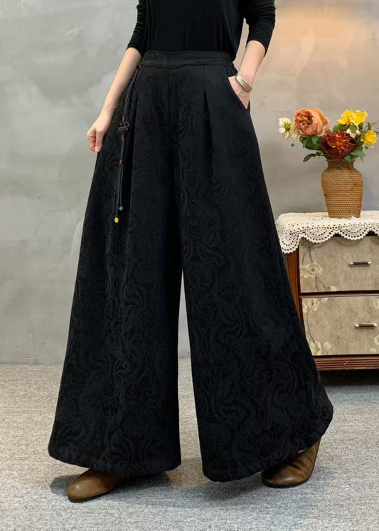 Beige Damen Fleecehose mit Quastenstickerei, warm, Winter