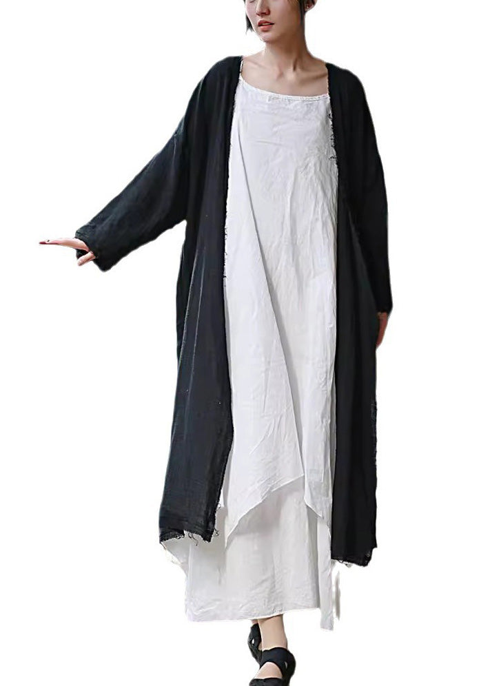 Damen Beige Quasten Taschen Leinen Strickjacke Langarm