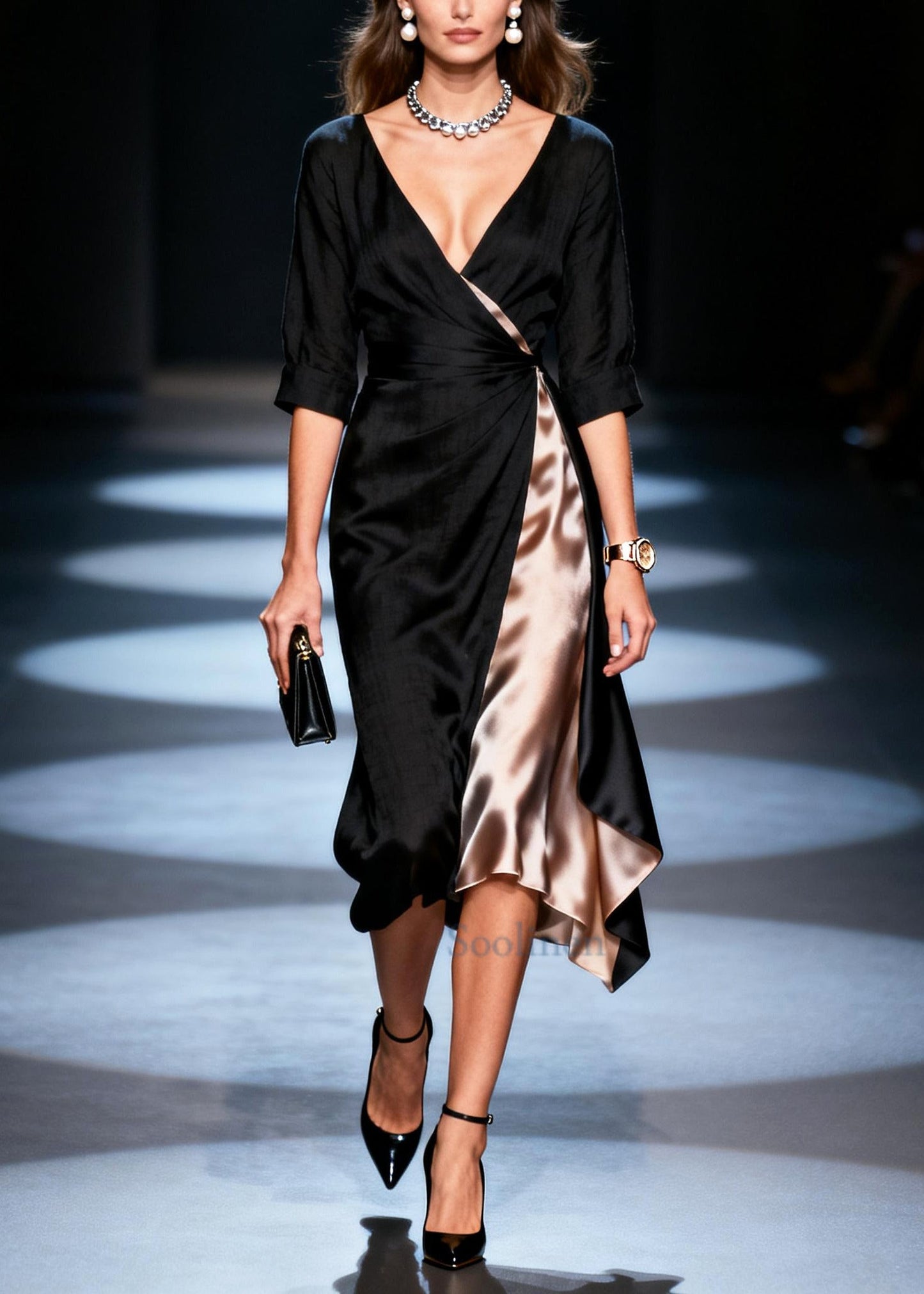Women Black Asymmetrical Patchwork Draping Silk Dresses Summer