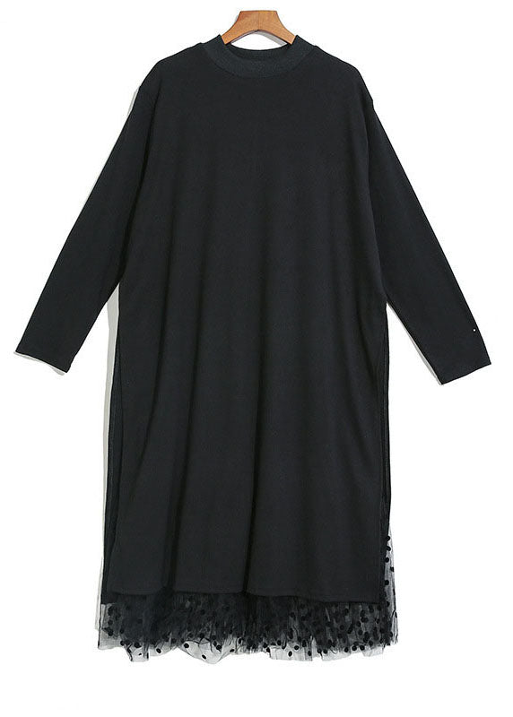 Frauen Schwarz Asymmetrische Tüll Patchwork Baumwolle Maxi Kleider