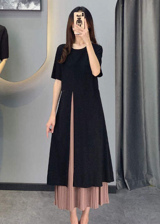 Frauen Schwarz Chiffon Patchwork seite öffnen Kleider Kurzarm