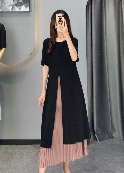 Frauen Schwarz Chiffon Patchwork seite öffnen Kleider Kurzarm