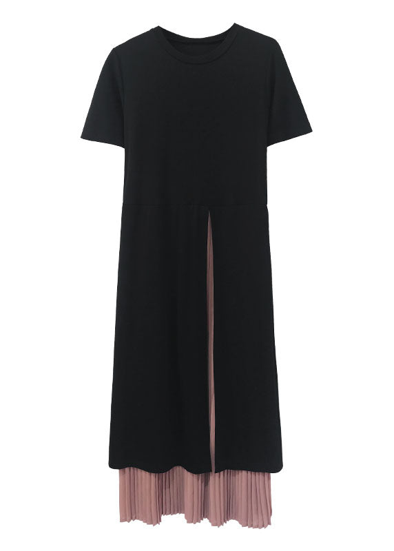 Frauen Schwarz Chiffon Patchwork seite öffnen Kleider Kurzarm