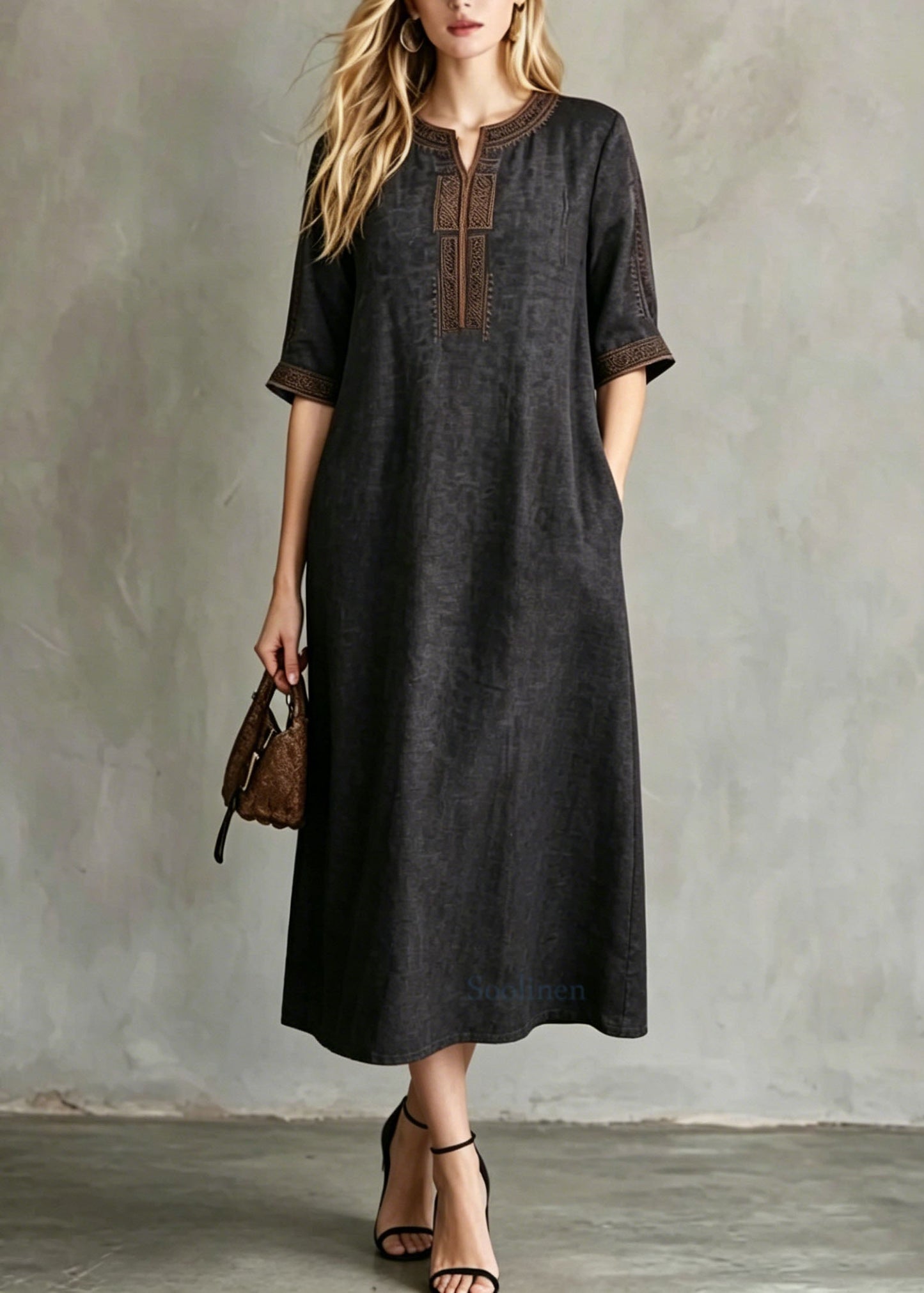 Women Black Embroidered Button Silk Maxi Dresses Summer