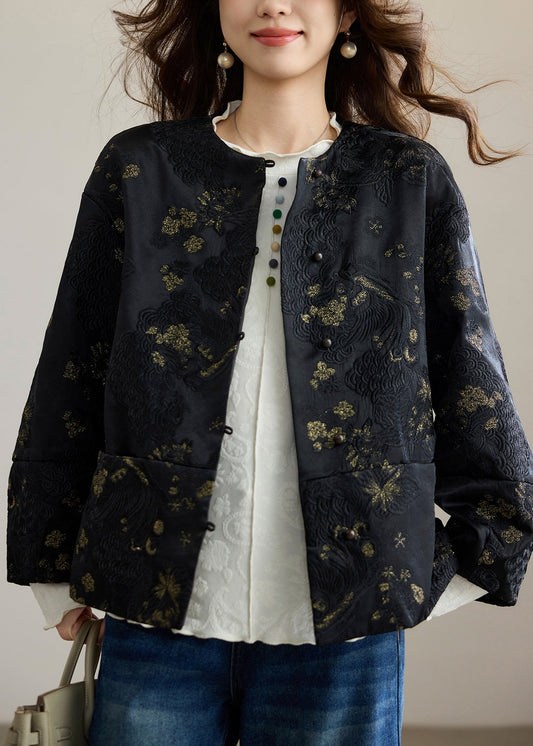 Women Black Embroidered Patchwork Silk Oriental Coats Spring