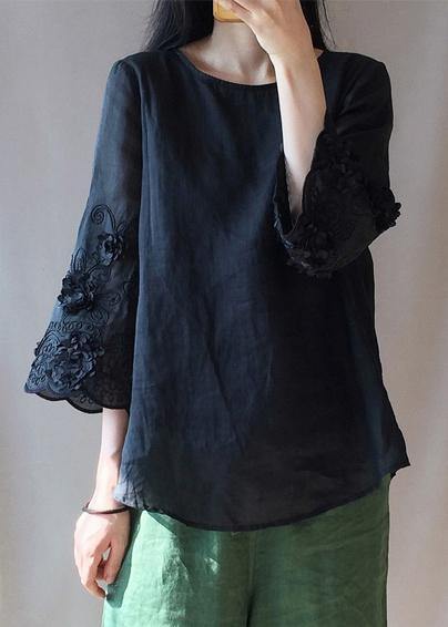 Women Black Embroidery Tunics O Neck Plus Size Clothing Tops - SooLinen