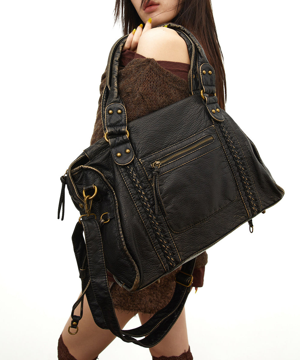 Women Black Faux Leather Large Capacity Tote Handbag