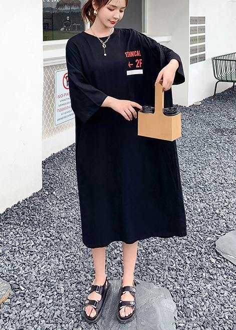 Women Black Graphic Cotton O neck Summer Mid Dress - SooLinen