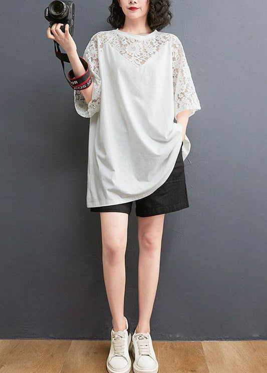 Women Black O-Neck Hollow Out Half sleeve Cotton Summer Top - SooLinen