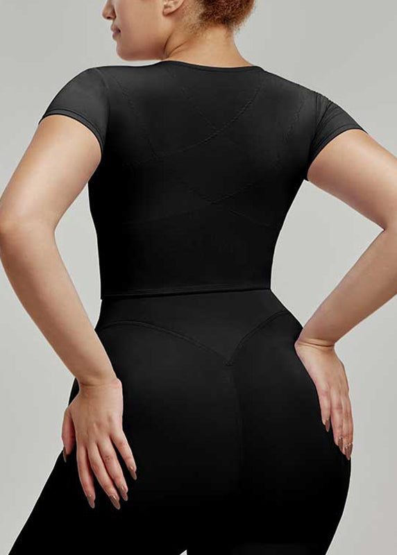 Women Black O-Neck O-Neck Short Sleeve Yoga Top