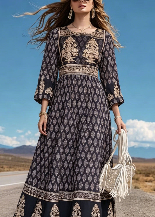 Women Black O Neck Print Cotton Long Dress Summer
