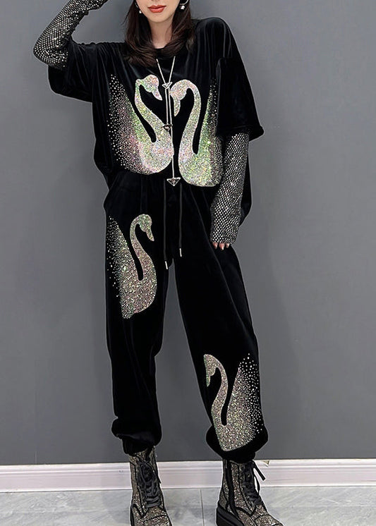 Frauen Schwarz O-Ausschnitt Pailletten Velours Top und Hose Zwei Stücke Set Winter