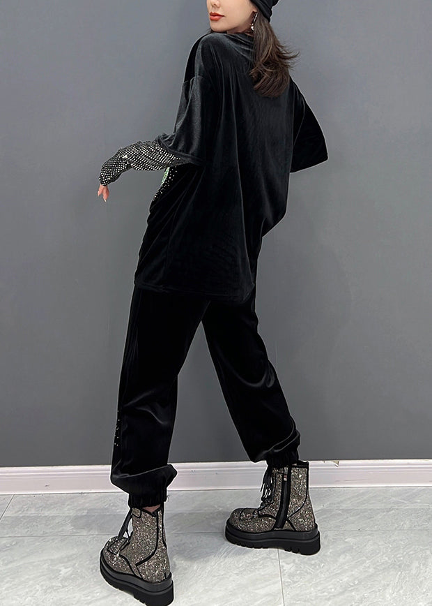 Frauen Schwarz O-Ausschnitt Pailletten Velours Top und Hose Zwei Stücke Set Winter
