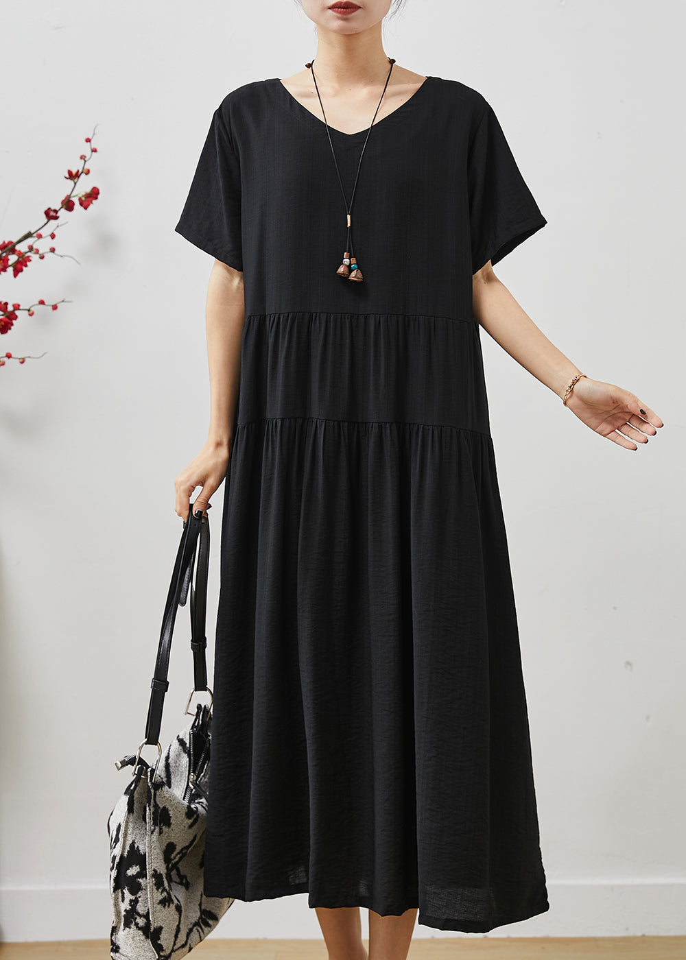 Frauen Schwarz Übergroßen Patchwork Baumwolle Urlaub Kleid Sommer