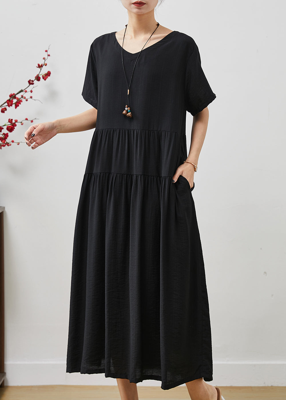 Frauen Schwarz Übergroßen Patchwork Baumwolle Urlaub Kleid Sommer