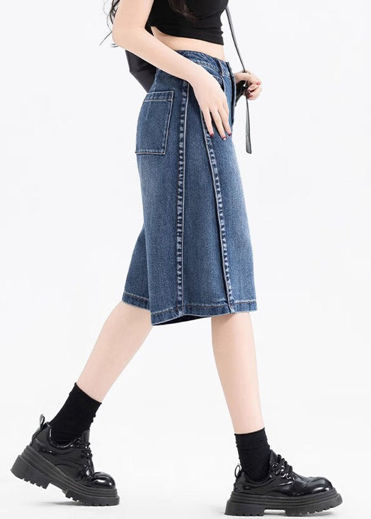 Women Black Pockets Patchwork Denim Crop Pants Summer