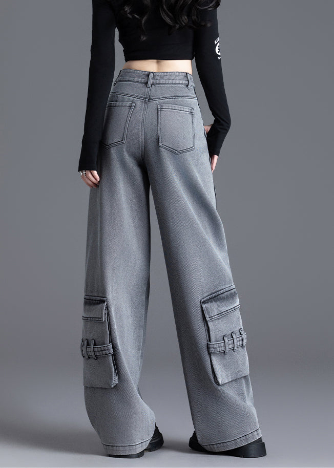 Women Black Pockets Patchwork High Waist Denim Pants Spring