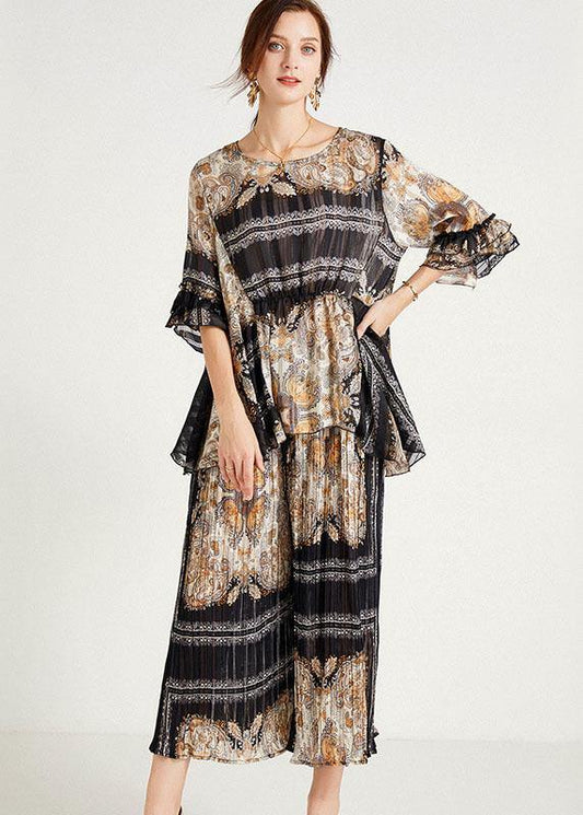 Women Black Print Apricot O-Neck Top Wide Leg Summer Two Pieces Set - SooLinen