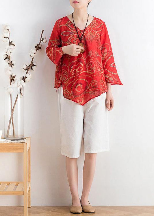 Women Black Print Asymmetrical DesignLinen Summer Tops - SooLinen