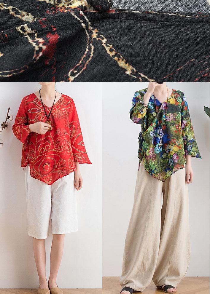 Women Black Print Asymmetrical DesignLinen Summer Tops - SooLinen