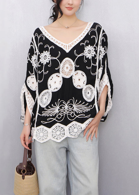 Women Black Print Hollow Out Tanks Batwing Sleeve