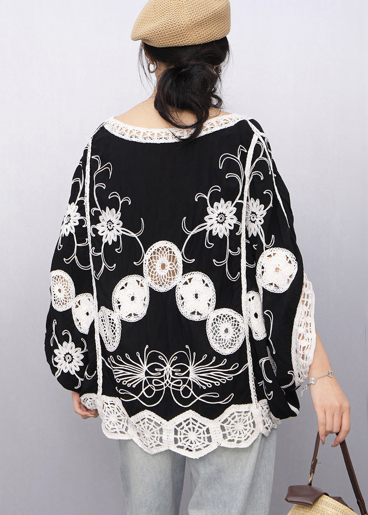 Women Black Print Hollow Out Tanks Batwing Sleeve