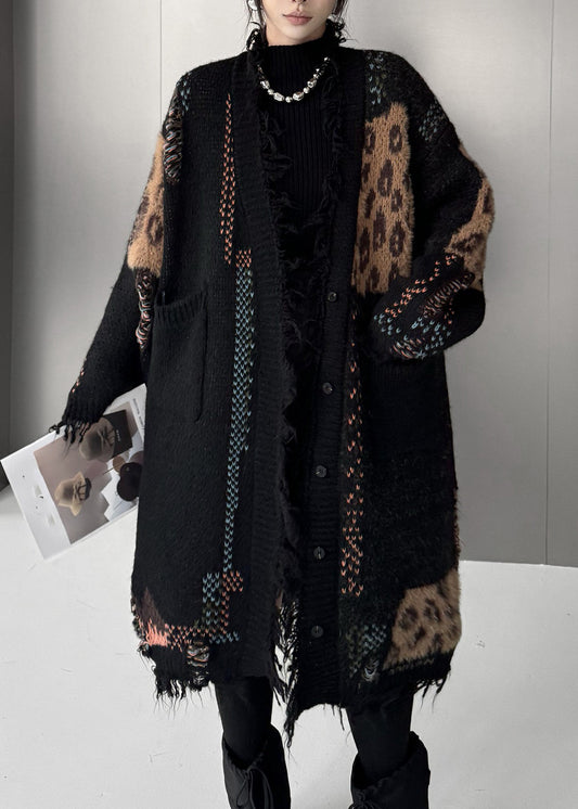 Damen-Cardigan aus Baumwolle mit schwarzem Patchwork-Print für den Herbst