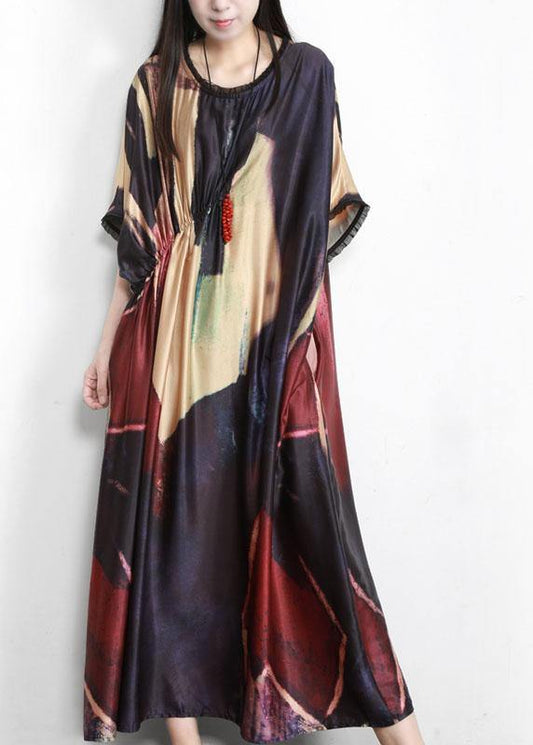 Women Black Print Silk Party Dress Batwing Sleeve - SooLinen