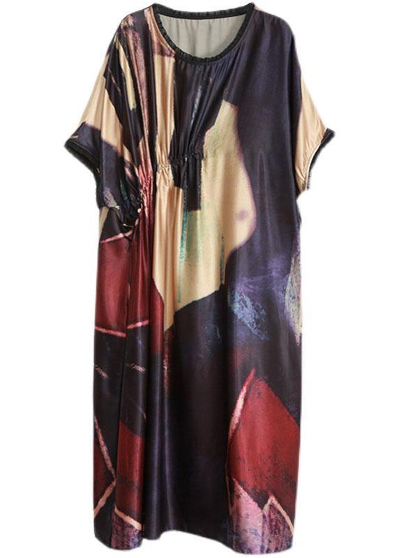 Women Black Print Silk Party Dress Batwing Sleeve - SooLinen