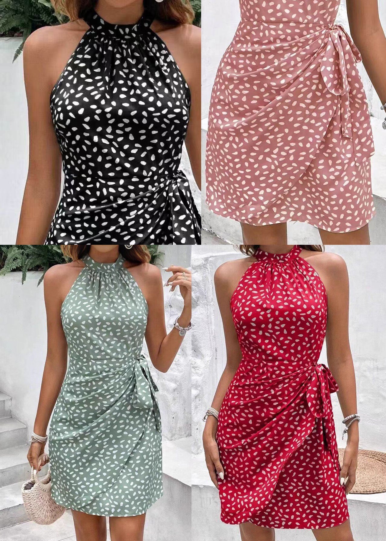 Women Black Print Wrinkled Chiffon Mid Dresses Summer