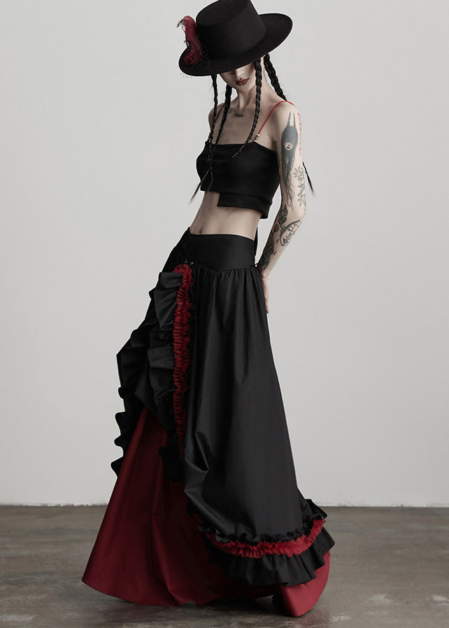 Faldas de algodón con dobladillo grande y volantes negros para mujer, primavera