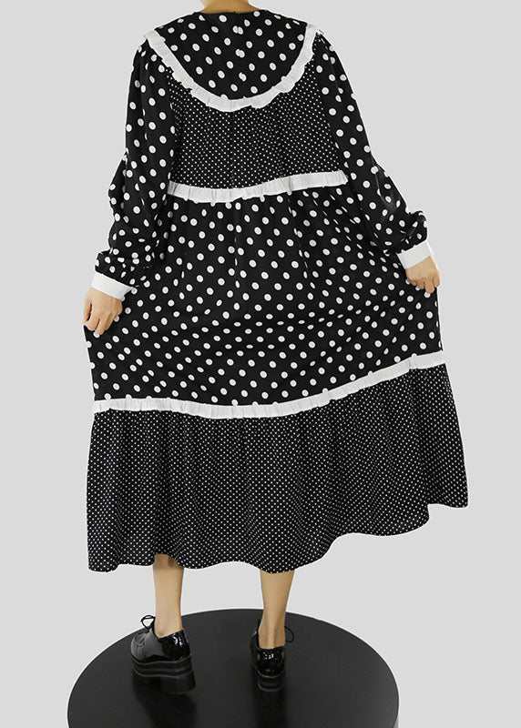 Frauen Schwarz Rüschen Zip Up dot Patchwork Maxi Kleider Frühling