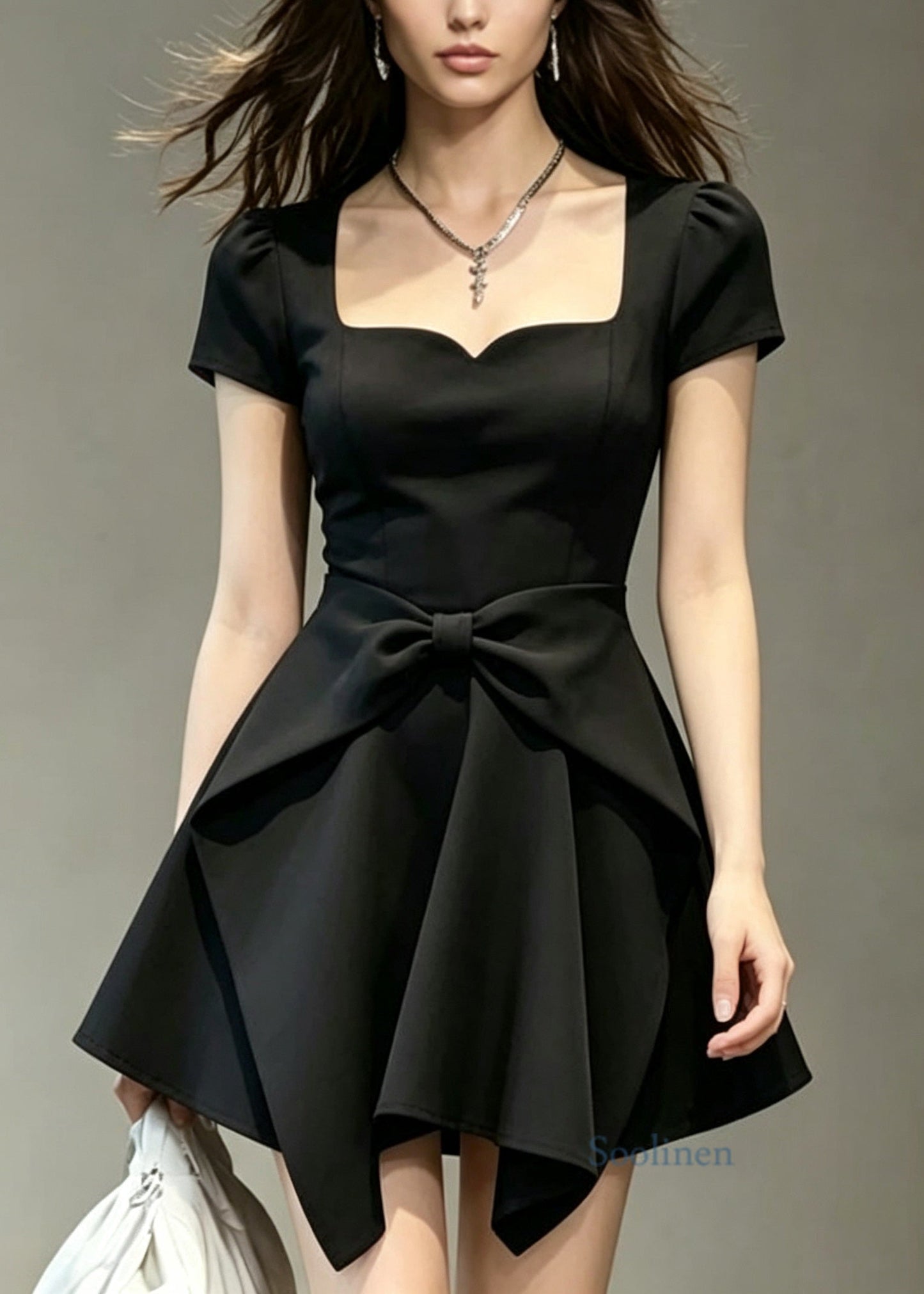 Women Black Square Collar Bow Patchwork Cotton Mid Dress Summer