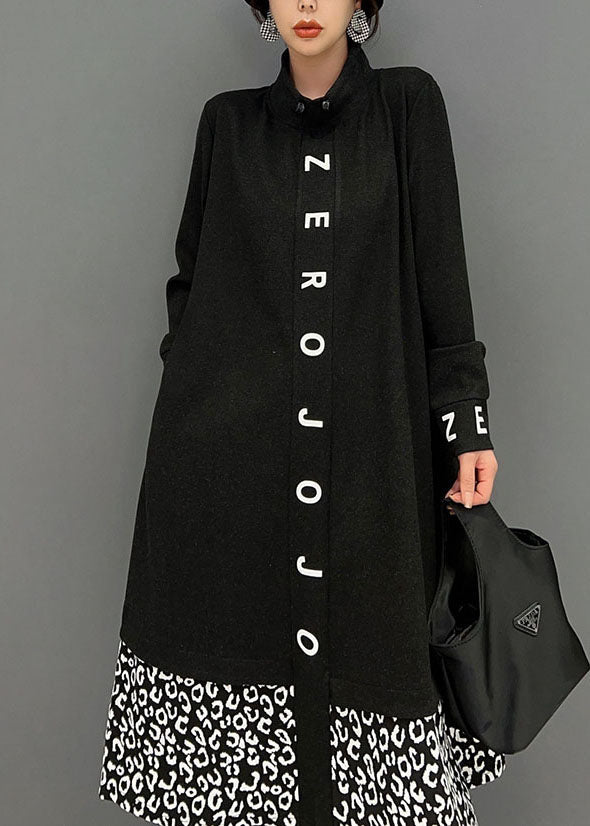 Frauen Schwarz Stehkragen Patchwork Print Baumwolle Urlaub Kleider Frühling