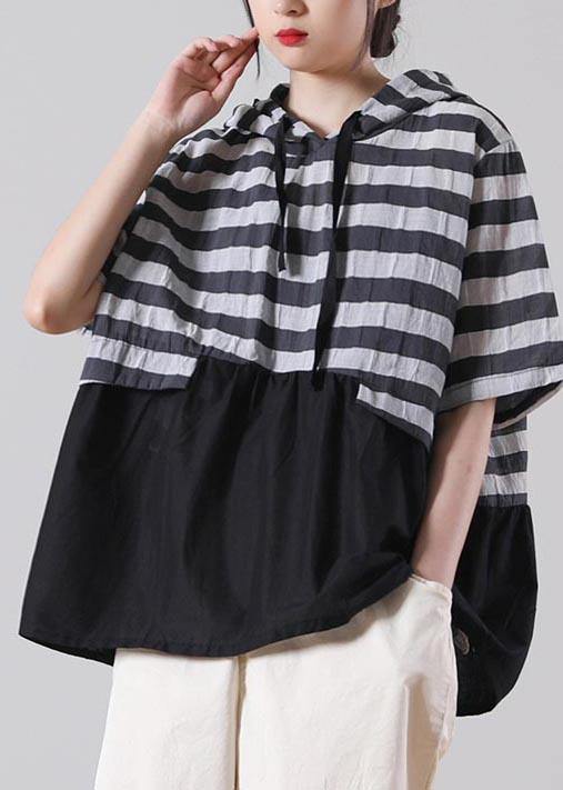 Women Black Striped Patchwork Cotton Linen Blouses Summer - SooLinen