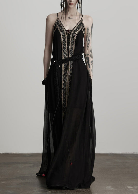 Schwarzes Tunika-Kleid mit Patchwork-Spitze für Damen, Sommerkleid