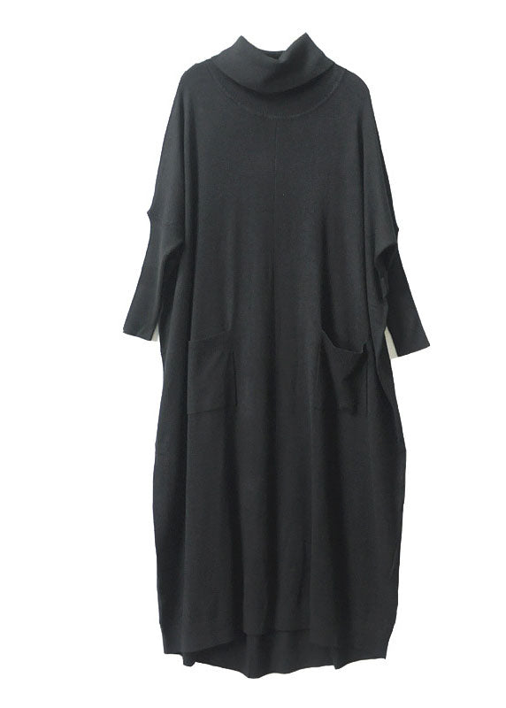 Schwarzes Rollkragen-Strickkleid mit Taschen für Damen