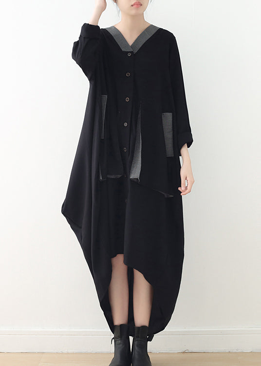 Frauen Schwarz V-Ausschnitt Asymmetrische Low High Design Button Maxikleid Herbst
