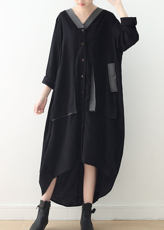 Frauen Schwarz V-Ausschnitt Asymmetrische Low High Design Button Maxikleid Herbst