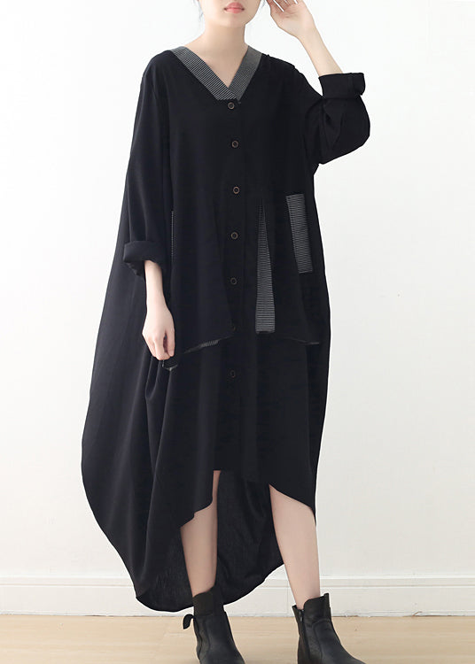 Frauen Schwarz V-Ausschnitt Asymmetrische Low High Design Button Maxikleid Herbst