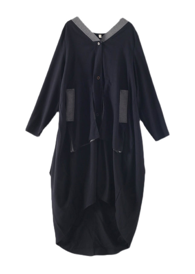 Frauen Schwarz V-Ausschnitt Asymmetrische Low High Design Button Maxikleid Herbst
