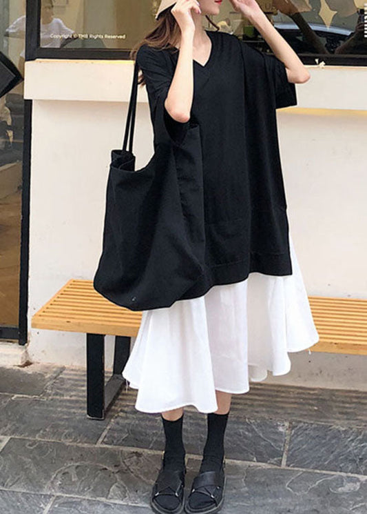 Damen Schwarzes Patchwork-Baumwollkleid mit V-Ausschnitt und kurzen Ärmeln