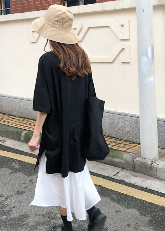 Damen Schwarzes Patchwork-Baumwollkleid mit V-Ausschnitt und kurzen Ärmeln