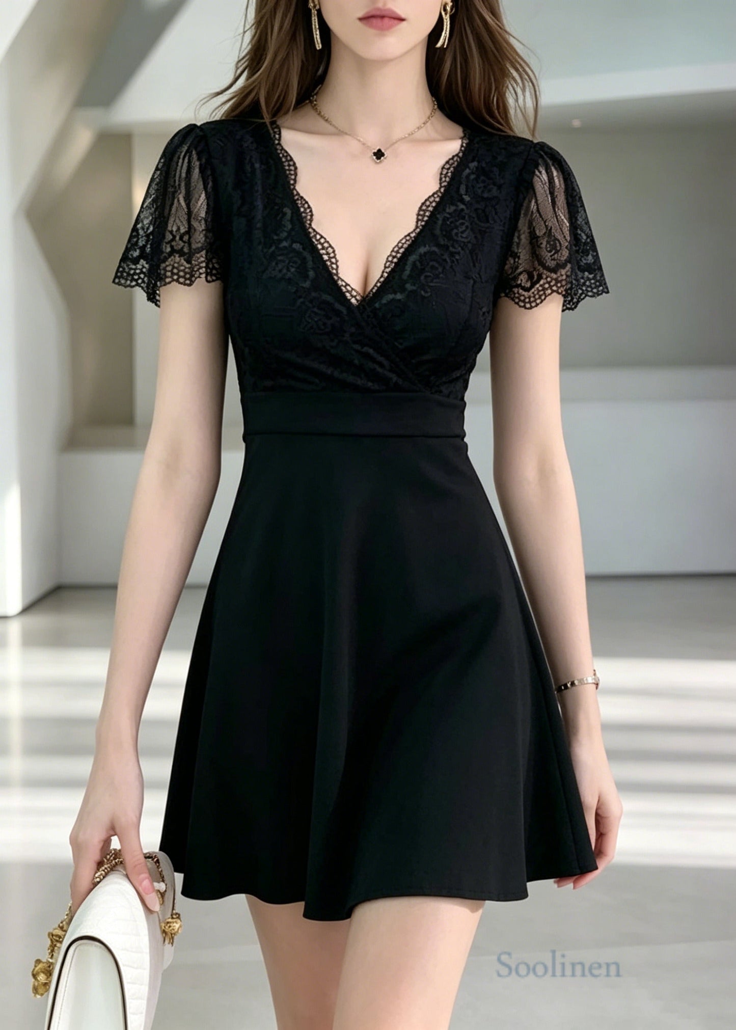 Women Black V Neck Patchwork Lace Day Dress Summer
