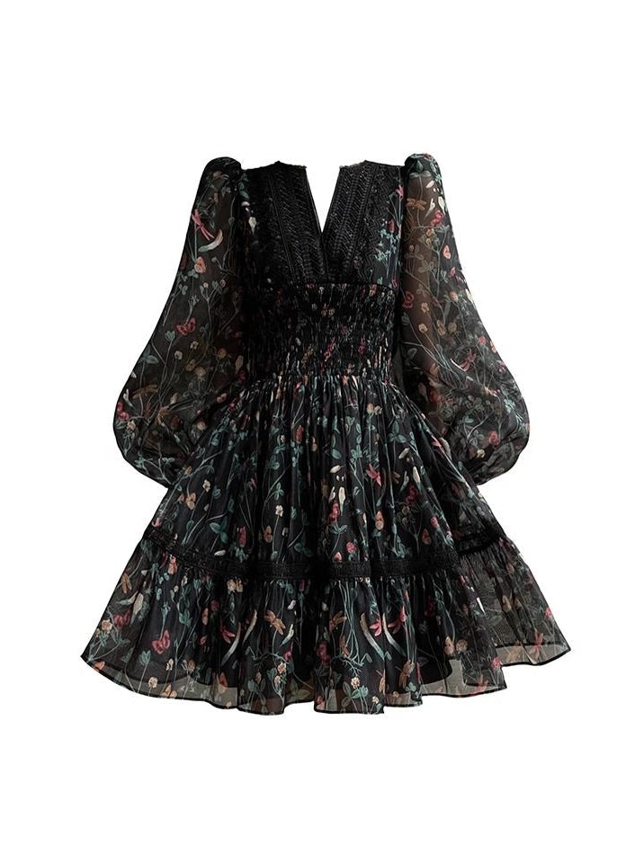 Frauen Schwarz V-Ausschnitt Print Spitze Patchwork Chiffon Kurzes Kleid Langarm