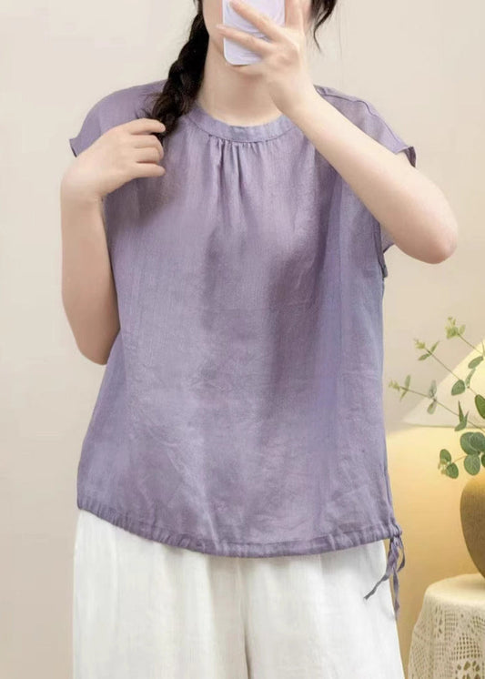 Women Blue Button Lace Up Solid Linen Shirts Summer