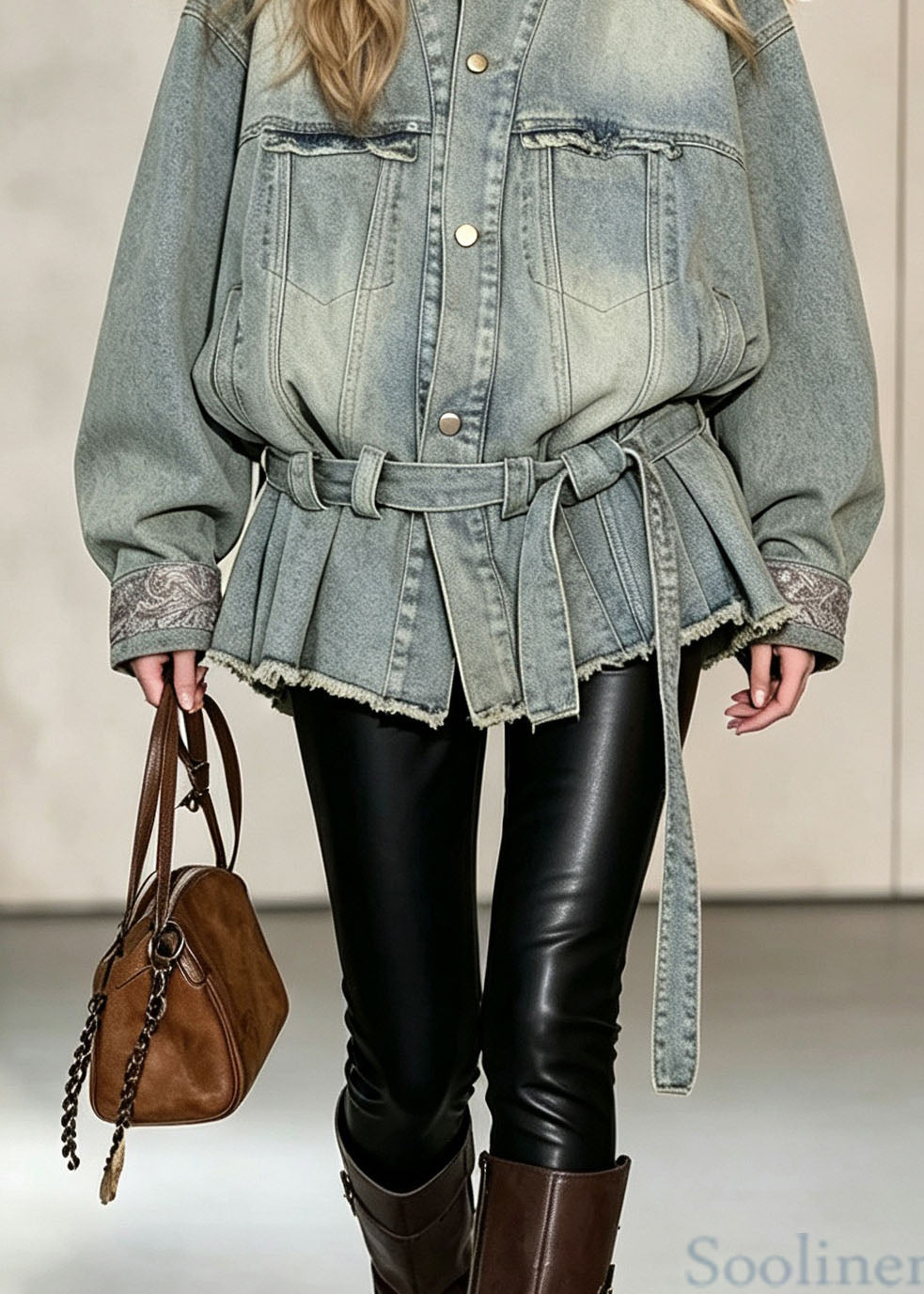 Women Blue Hign Neck Lace Up Patchwork Denim Coat Fall