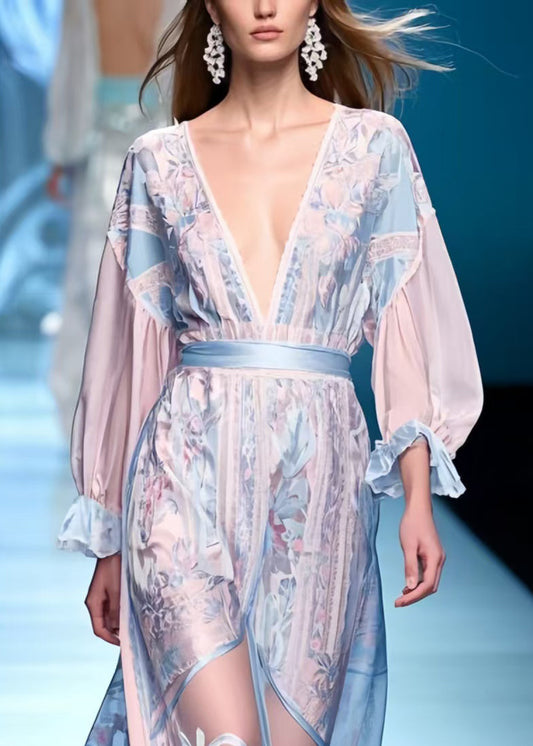 Women Blue Jacquard Patchwork Chiffon Long Dresses Summer